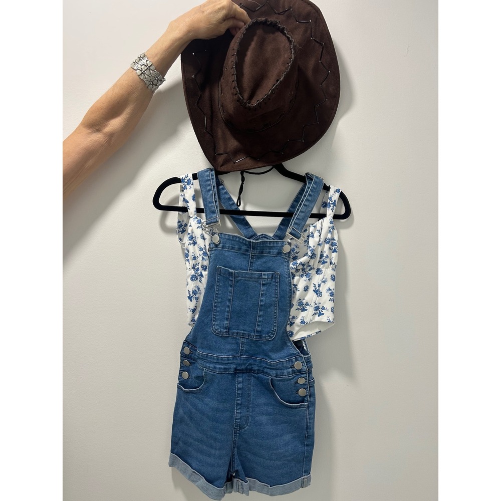 Western Denim Overalls Floral Corset Top and Cowboy Hat 3 Piece Halloween Set